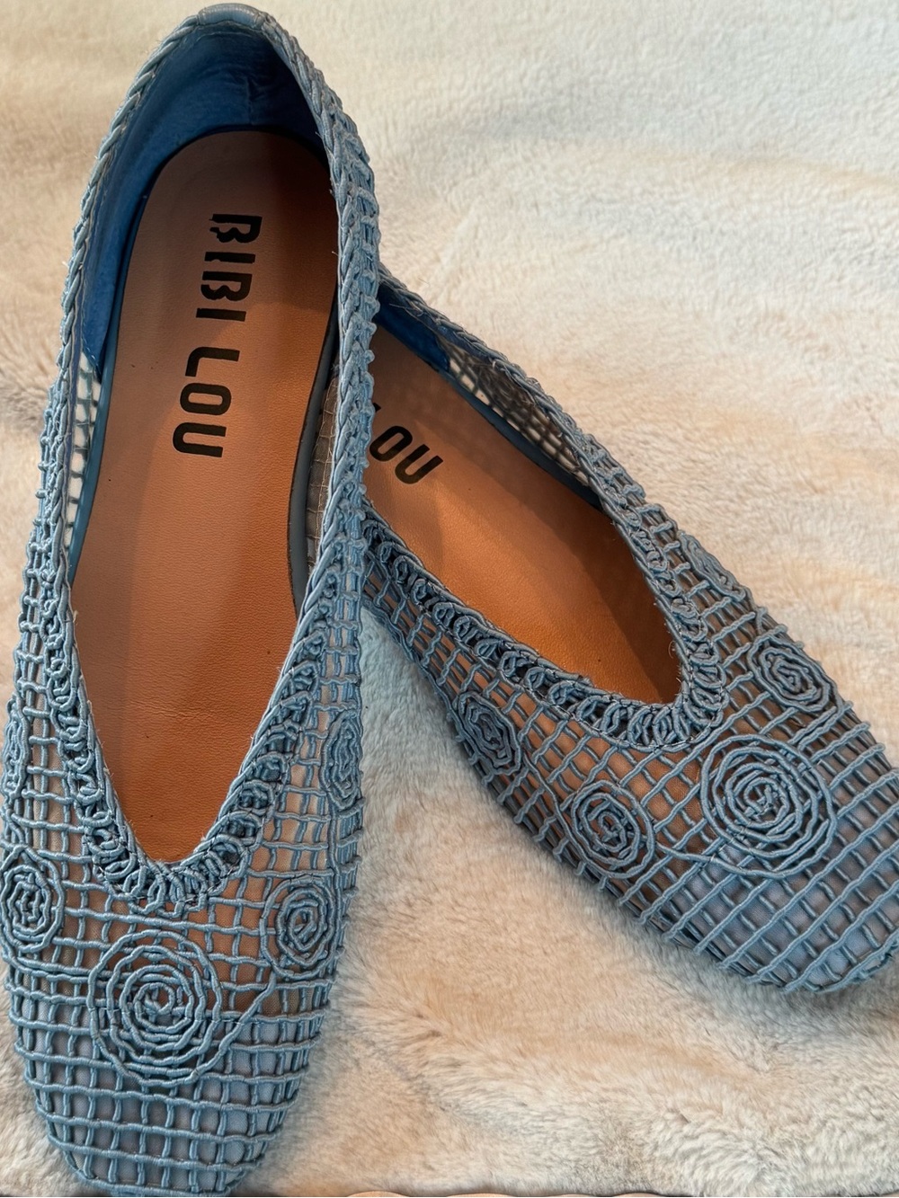 Anthropologie Women’s Bibi Lou Macramé Ballet Flats Woven Light Blue